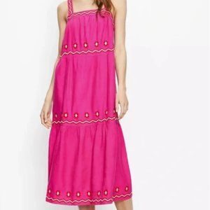 LOFT Women's Petite Embroidered Tiered Square Neck Midi Dress (Never worn)